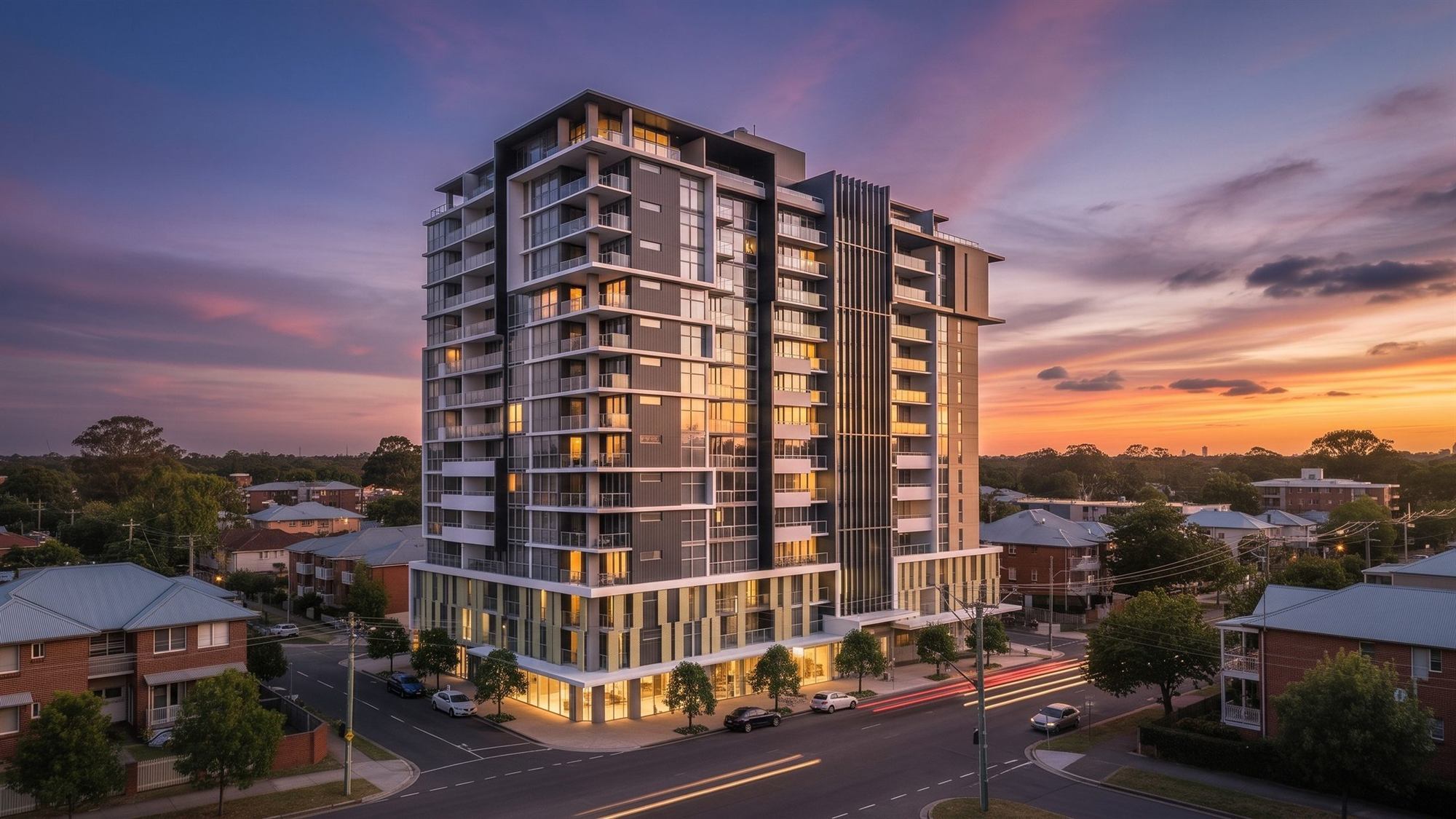Rendering of the same tower at sunset, created from photographs of that model and the geography of the site